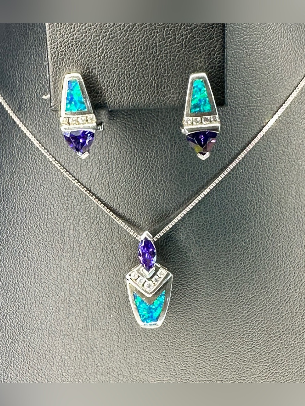 Vintage Sterling Pendant & Earrings Set Opal Inlay Purple Stone Estate Jewelry